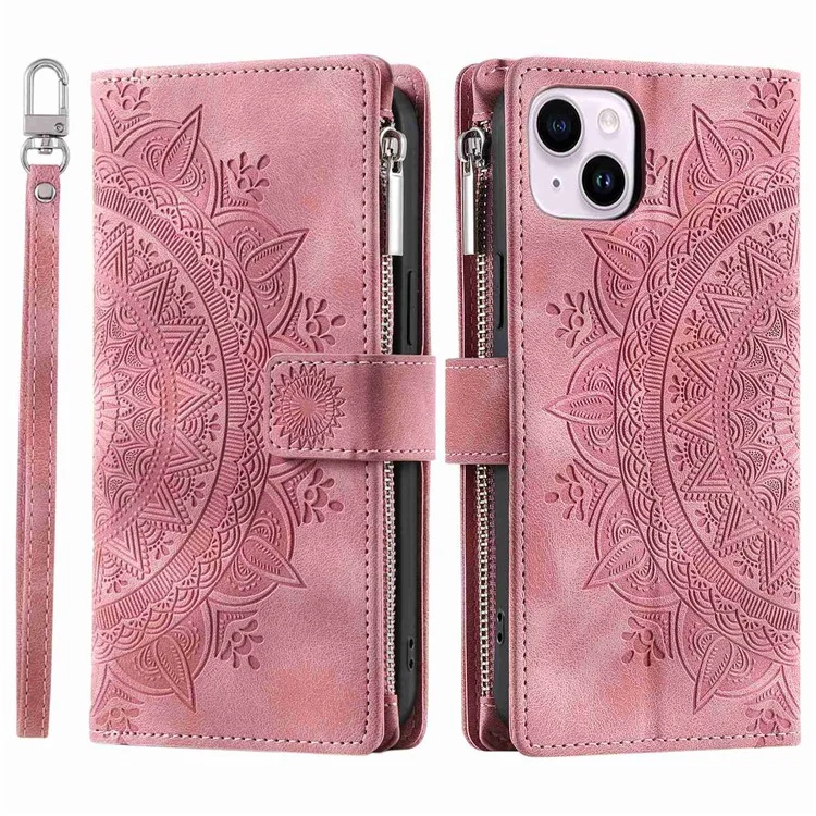 For iPhone 13 6.1 inch Imprinted Mandala Flower Cover Multiple Card Slots PU Leather Phone Case Stand Zipper Pocket Wallet with Strap - Rose Gold