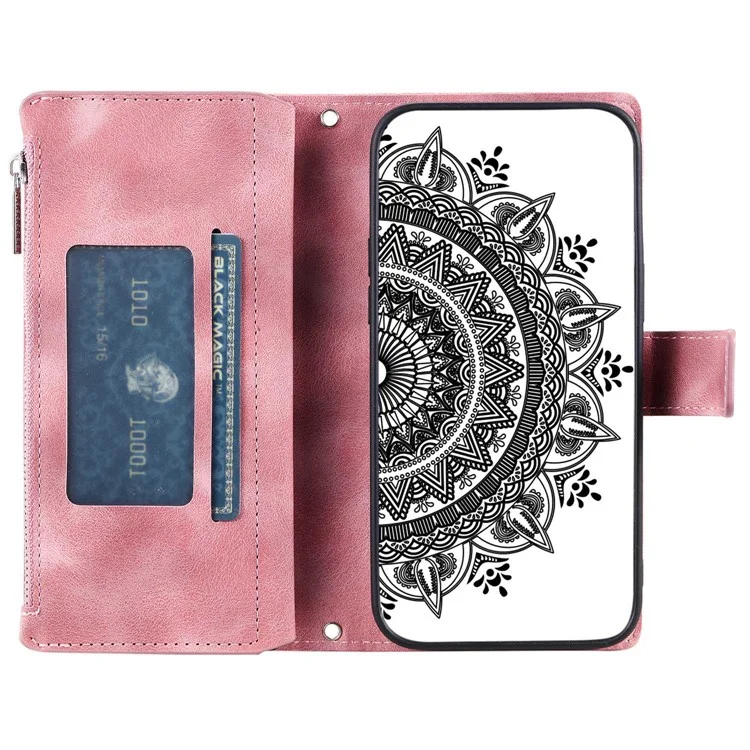 For iPhone 13 6.1 inch Imprinted Mandala Flower Cover Multiple Card Slots PU Leather Phone Case Stand Zipper Pocket Wallet with Strap - Rose Gold