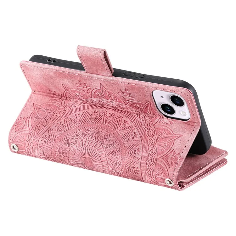 For iPhone 13 6.1 inch Imprinted Mandala Flower Cover Multiple Card Slots PU Leather Phone Case Stand Zipper Pocket Wallet with Strap - Rose Gold