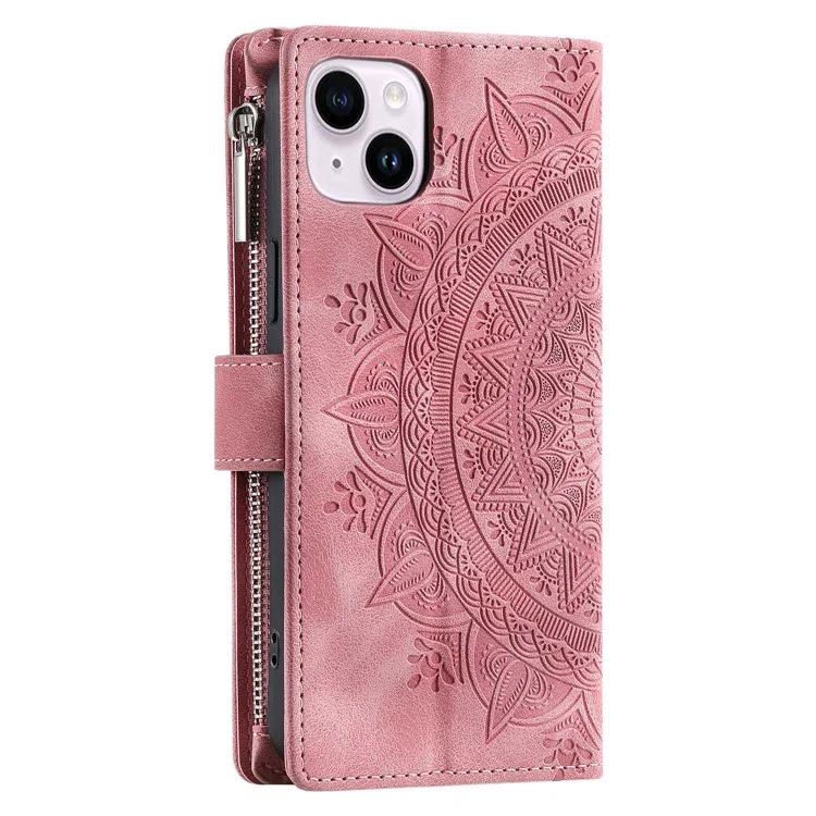 For iPhone 13 6.1 inch Imprinted Mandala Flower Cover Multiple Card Slots PU Leather Phone Case Stand Zipper Pocket Wallet with Strap - Rose Gold