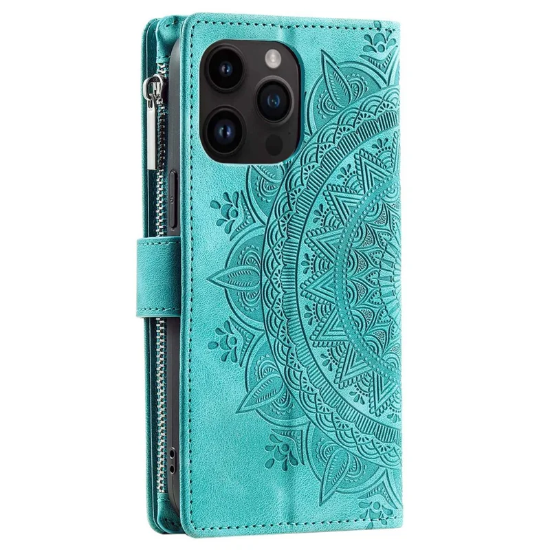 For iPhone 13 Pro 6.1 inch Zipper Pocket Wallet Multiple Card Slots Phone Cover Mandala Flower Imprinted Stand PU Leather Phone Case with Strap - Green