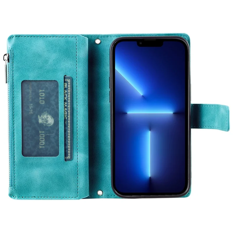 For iPhone 13 Pro 6.1 inch Zipper Pocket Wallet Multiple Card Slots Phone Cover Mandala Flower Imprinted Stand PU Leather Phone Case with Strap - Green