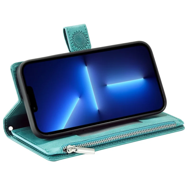 For iPhone 13 Pro 6.1 inch Zipper Pocket Wallet Multiple Card Slots Phone Cover Mandala Flower Imprinted Stand PU Leather Phone Case with Strap - Green