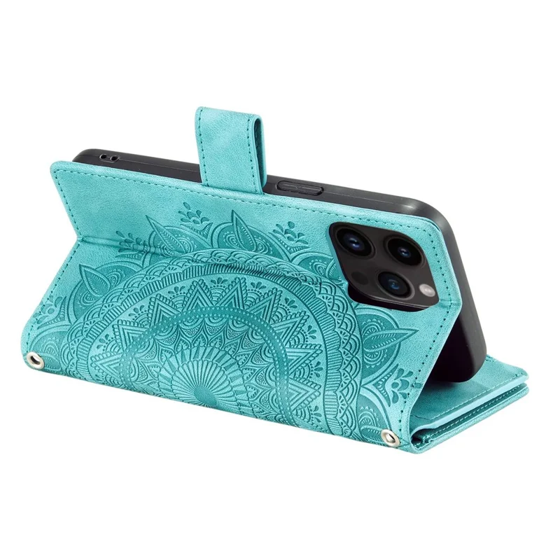 For iPhone 13 Pro 6.1 inch Zipper Pocket Wallet Multiple Card Slots Phone Cover Mandala Flower Imprinted Stand PU Leather Phone Case with Strap - Green