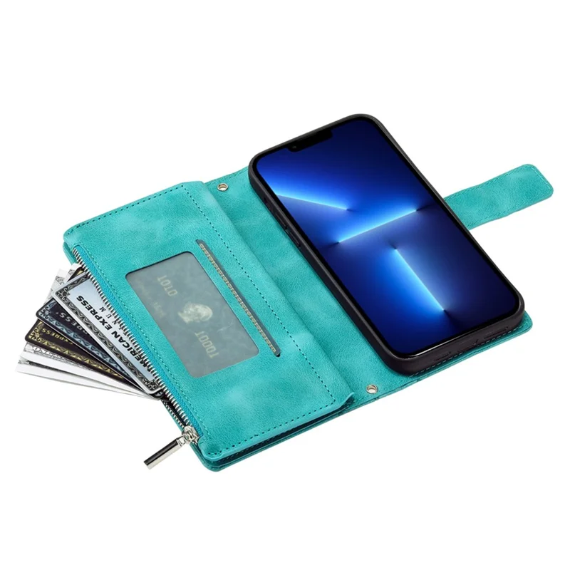 For iPhone 13 Pro 6.1 inch Zipper Pocket Wallet Multiple Card Slots Phone Cover Mandala Flower Imprinted Stand PU Leather Phone Case with Strap - Green