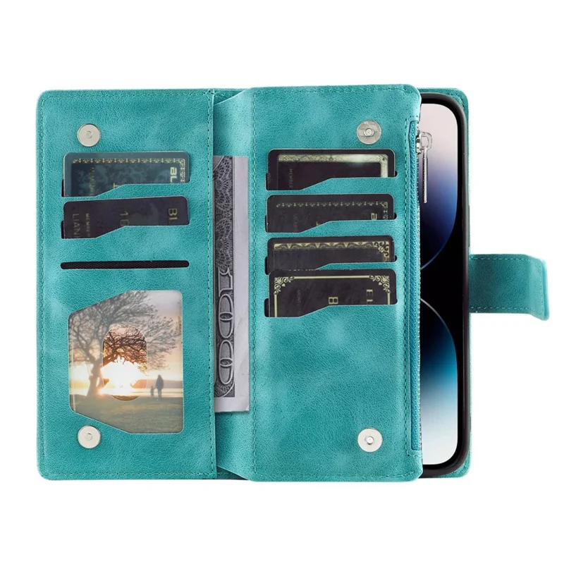For iPhone 13 Pro 6.1 inch Zipper Pocket Wallet Multiple Card Slots Phone Cover Mandala Flower Imprinted Stand PU Leather Phone Case with Strap - Green