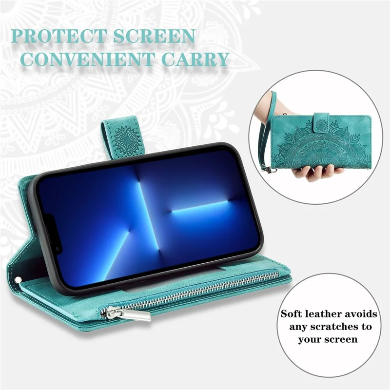 For iPhone 13 Pro 6.1 inch Zipper Pocket Wallet Multiple Card Slots Phone Cover Mandala Flower Imprinted Stand PU Leather Phone Case with Strap - Green