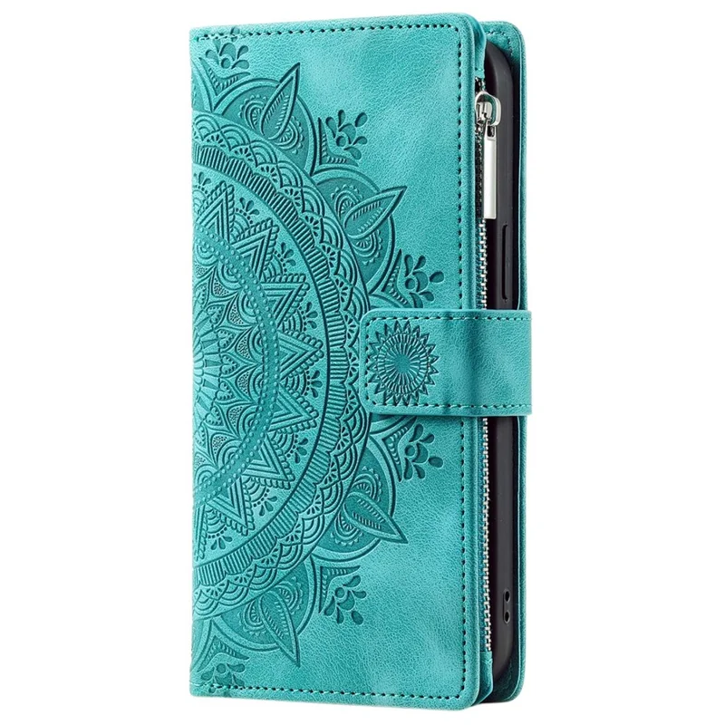 For iPhone 13 Pro 6.1 inch Zipper Pocket Wallet Multiple Card Slots Phone Cover Mandala Flower Imprinted Stand PU Leather Phone Case with Strap - Green