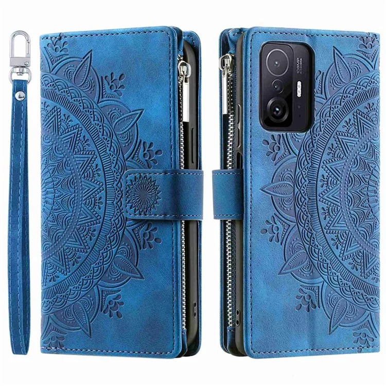 Carteira de Telefone com Bolso de Zíper para Xiaomi 11T Pro 5G / 11T 5G, Capa Protetora de Couro PU com Estampa de Flor de Mandala, Suporte Múltiplos Slots para Cartão com Alça - Azul