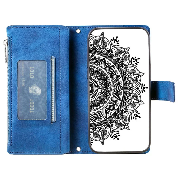 Carteira de Telefone com Bolso de Zíper para Xiaomi 11T Pro 5G / 11T 5G, Capa Protetora de Couro PU com Estampa de Flor de Mandala, Suporte Múltiplos Slots para Cartão com Alça - Azul