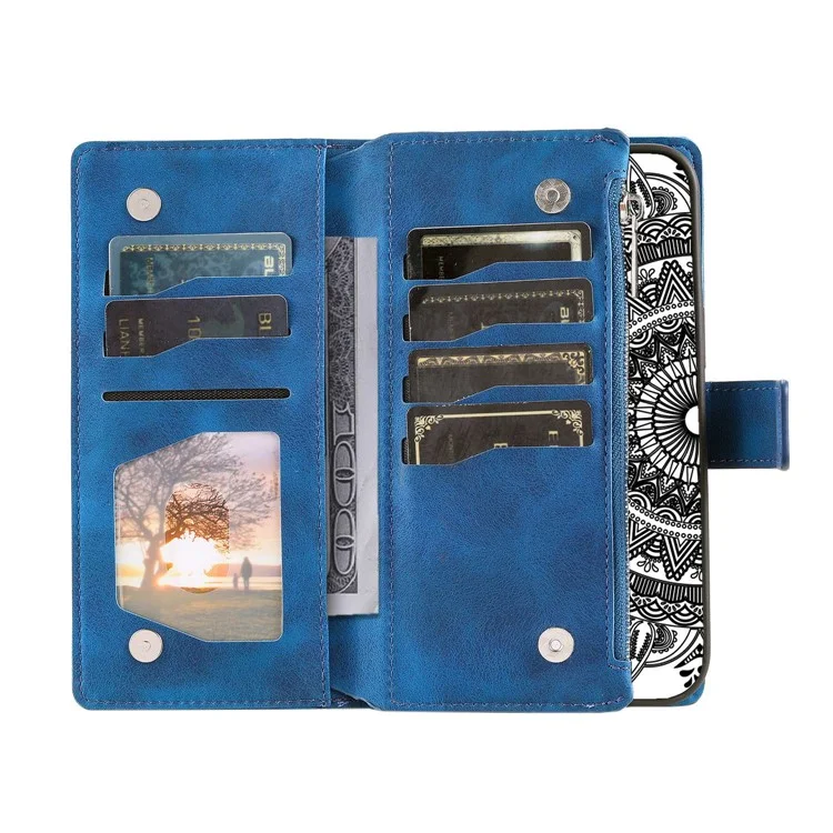 Carteira de Telefone com Bolso de Zíper para Xiaomi 11T Pro 5G / 11T 5G, Capa Protetora de Couro PU com Estampa de Flor de Mandala, Suporte Múltiplos Slots para Cartão com Alça - Azul