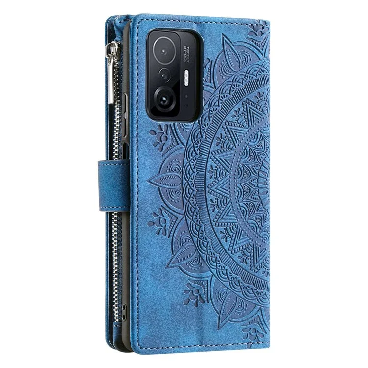 Carteira de Telefone com Bolso de Zíper para Xiaomi 11T Pro 5G / 11T 5G, Capa Protetora de Couro PU com Estampa de Flor de Mandala, Suporte Múltiplos Slots para Cartão com Alça - Azul