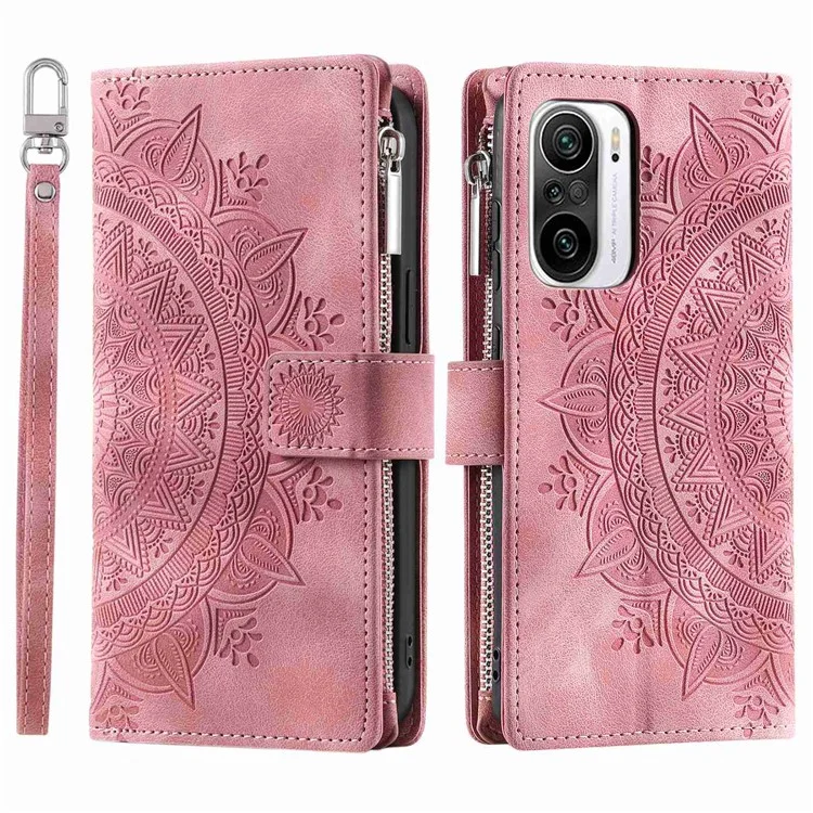 Pour Xiaomi Redmi K40 5G / K40 Pro 5G / K40 Pro + 5G / Poco F3 / mi 11i Anti-fall Mandala Flower Imprimé PU le Cuir de Téléphone de Couverture de Téléphone Avec Plusieurs Emplacements de Cartes Case de Portefeuille de Poche à Fermeture Éclair - or Rose