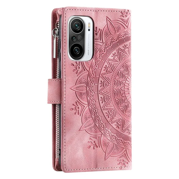 Pour Xiaomi Redmi K40 5G / K40 Pro 5G / K40 Pro + 5G / Poco F3 / mi 11i Anti-fall Mandala Flower Imprimé PU le Cuir de Téléphone de Couverture de Téléphone Avec Plusieurs Emplacements de Cartes Case de Portefeuille de Poche à Fermeture Éclair - or Rose