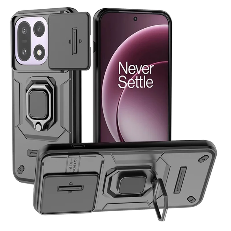 For OnePlus 15 5G Case PC + TPU Kickstand Phone Protector with Lens Cover - Black