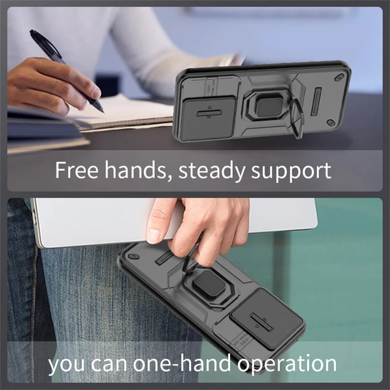 For OnePlus 15 5G Case PC + TPU Kickstand Phone Protector with Lens Cover - Black