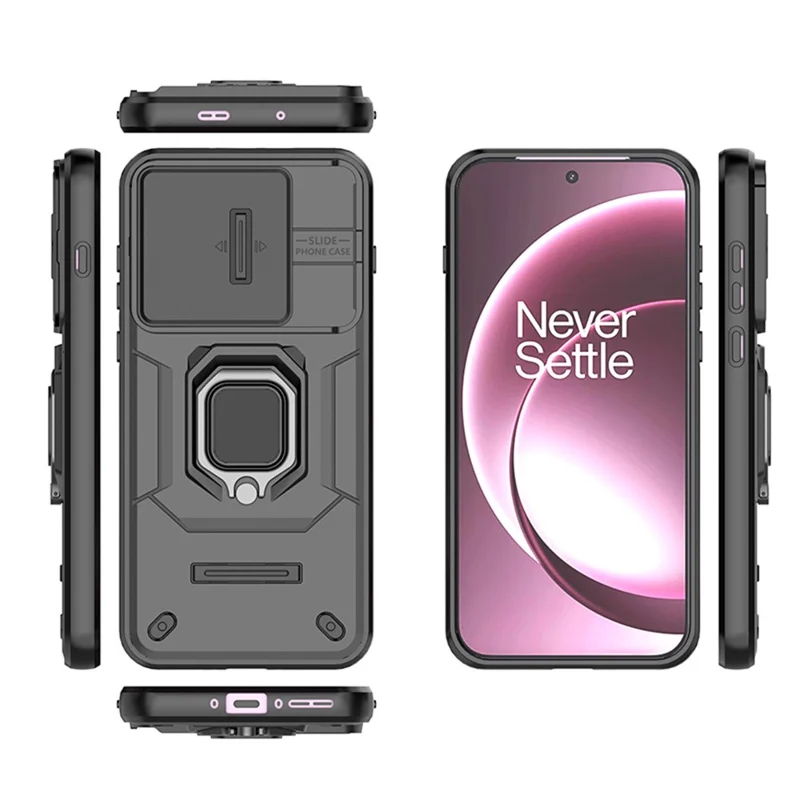 For OnePlus 15 5G Case PC + TPU Kickstand Phone Protector with Lens Cover - Black