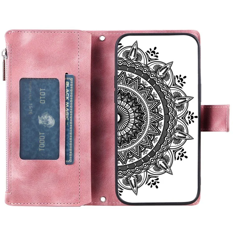 Para Samsung Galaxy S21 5G Mandala Flower Imprinted Full Coverage PU Leather Phone Cover Stand with Multiple Card Slots Zipper Pocket Wallet Case - Rose Gold