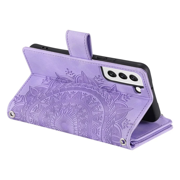 Para Samsung Galaxy S21 FE 5G Mandala Flower Imprinted PU Leather Phone Cover Hands-free Stand with Multiple Card Slots Zipper Pocket Wallet Case - Púrpura