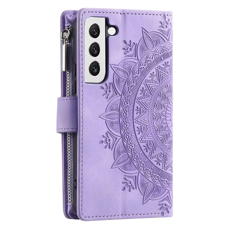 Para Samsung Galaxy S21 FE 5G Mandala Flower Imprinted PU Leather Phone Cover Hands-free Stand with Multiple Card Slots Zipper Pocket Wallet Case - Púrpura