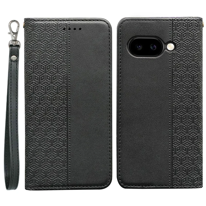 Étui portefeuille pour Google Pixel 9a - Motif imprimé en damier, housse rabattable en cuir avec dragonne - Noir
