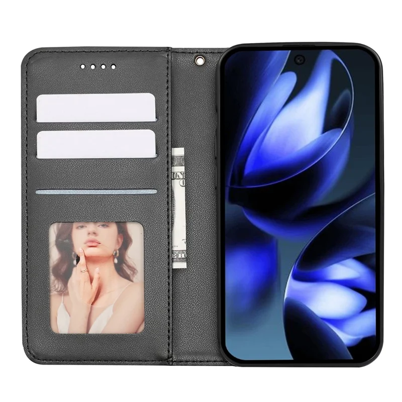 Étui portefeuille pour Google Pixel 9a - Motif imprimé en damier, housse rabattable en cuir avec dragonne - Noir