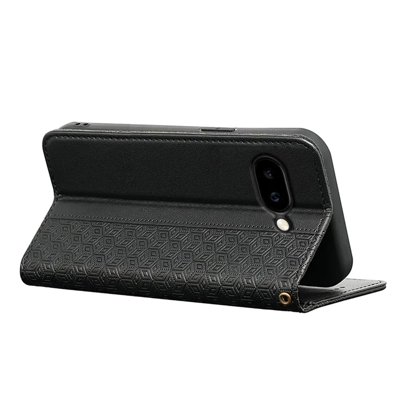 Étui portefeuille pour Google Pixel 9a - Motif imprimé en damier, housse rabattable en cuir avec dragonne - Noir