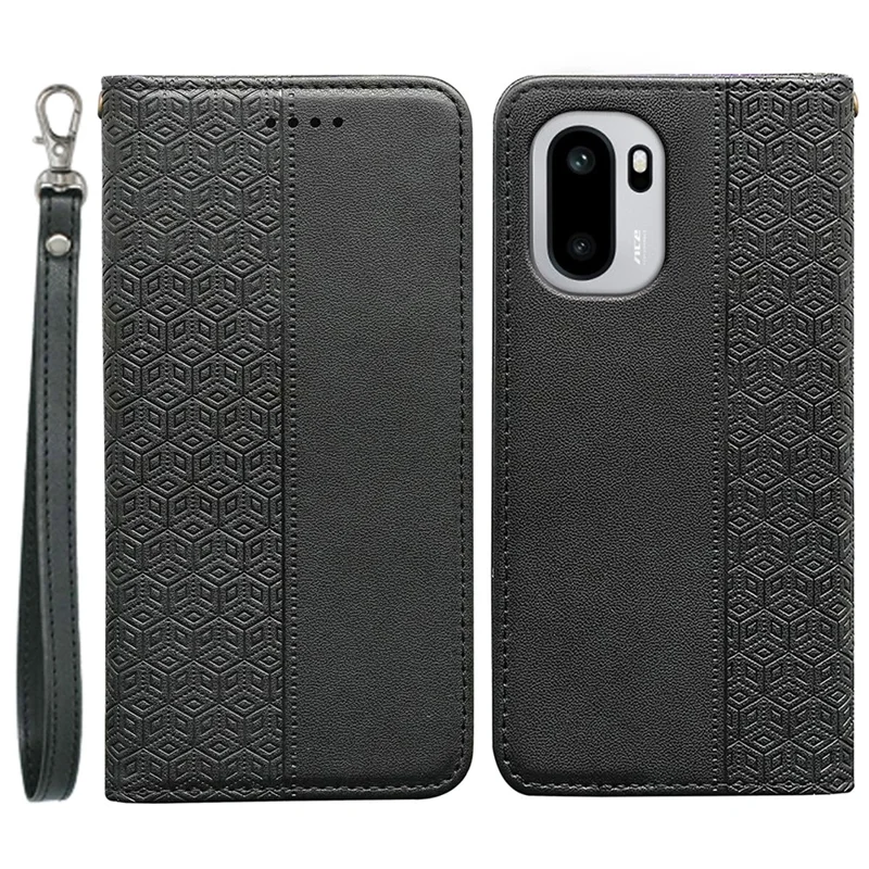 For OnePlus 15R 5G / Ace 6T 5G / Ace 6 5G Wallet Phone Case Checkered Pattern Imprint Leather Flip Cover with Wrist Strap - Black