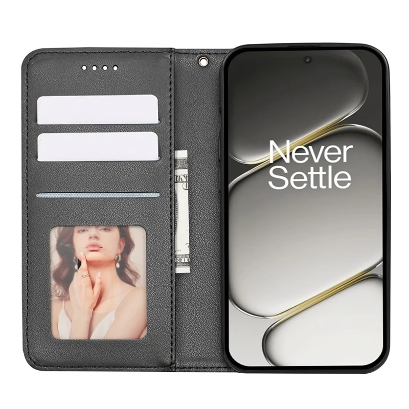 For OnePlus 15R 5G / Ace 6T 5G / Ace 6 5G Wallet Phone Case Checkered Pattern Imprint Leather Flip Cover with Wrist Strap - Black