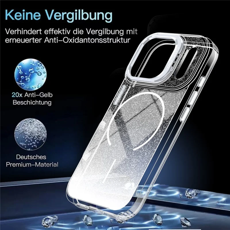 Coque magnétique pour iPhone 17 Pro, coque transparente dégradée avec paillettes, résistante aux chocs, en TPU et PC, compatible MagSafe - Blanc