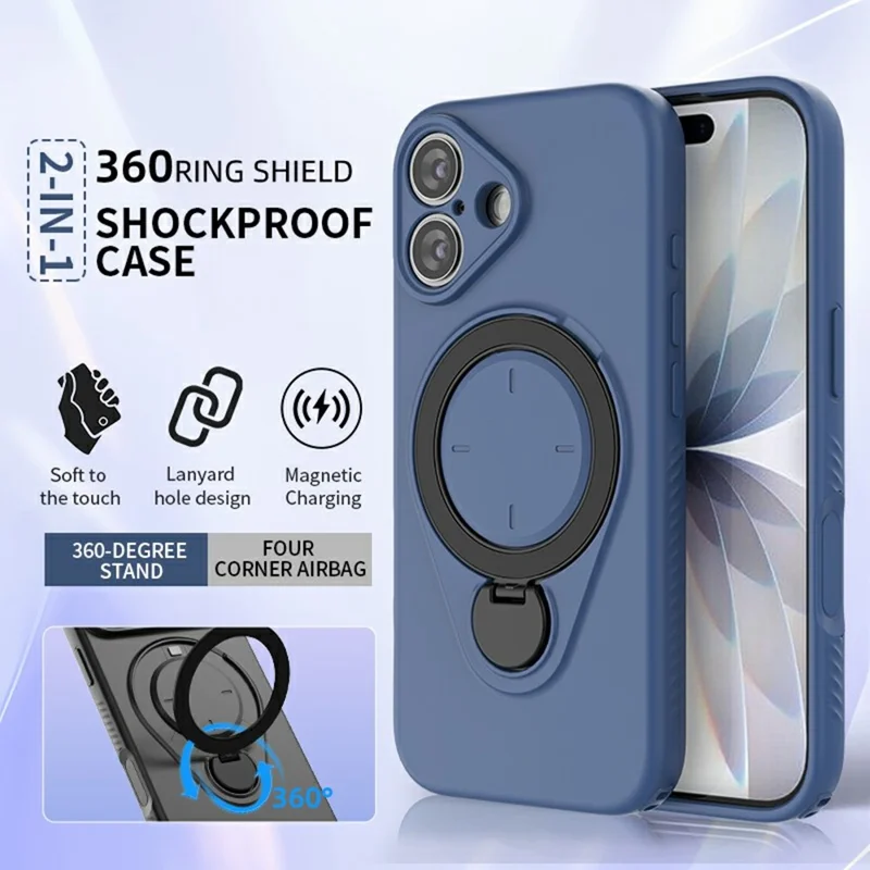 For iPhone 17 Magnetic Case Rotating Kickstand TPU PC Phone Cover Compatible with MagSafe - Blue