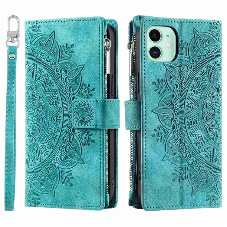 Для iPhone 11 6.1 дюйма Mandala Flower Imprinted PU Leather Phone Cover Foldable Stand with Multiple Card Slots Zipper Pocket Wallet Case - Green