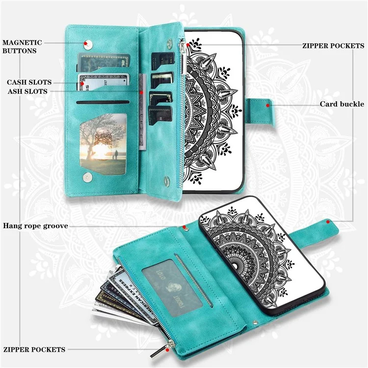 Для iPhone 11 6.1 дюйма Mandala Flower Imprinted PU Leather Phone Cover Foldable Stand with Multiple Card Slots Zipper Pocket Wallet Case - Green