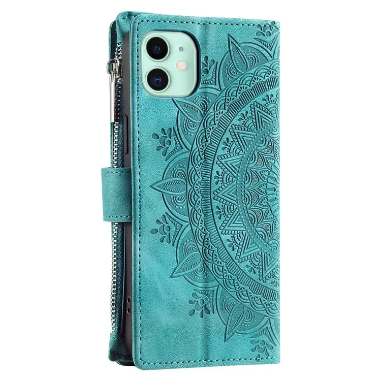 Для iPhone 11 6.1 дюйма Mandala Flower Imprinted PU Leather Phone Cover Foldable Stand with Multiple Card Slots Zipper Pocket Wallet Case - Green