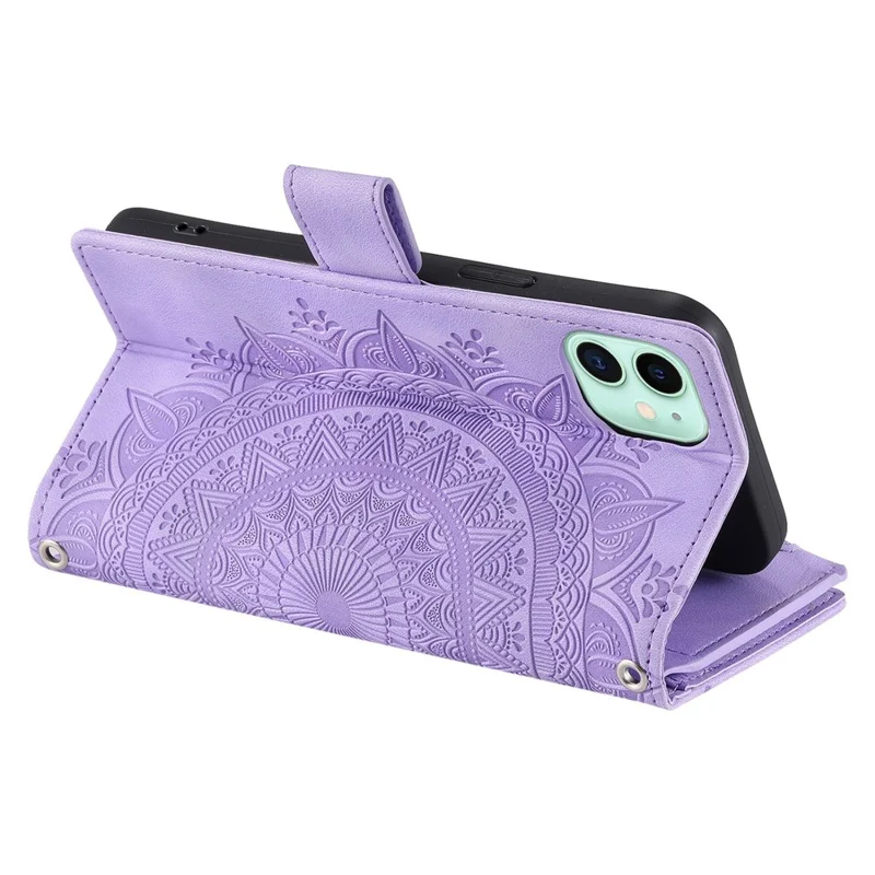 Pour iPhone 11 6,1 pouces Mandala Fleur Imprimé PU Cuir Étui de Téléphone Pliable avec Plusieurs Fentes pour Cartes Poche Zippée Portefeuille - Violet