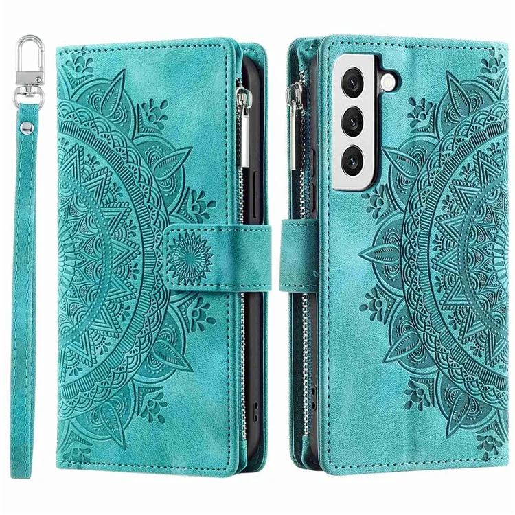 For Samsung Galaxy S22+ 5G Mandala Flower Imprinted Bump Proof PU Leather Phone Cover Stand with Multiple Card Slots Zipper Pocket Wallet Case - Green