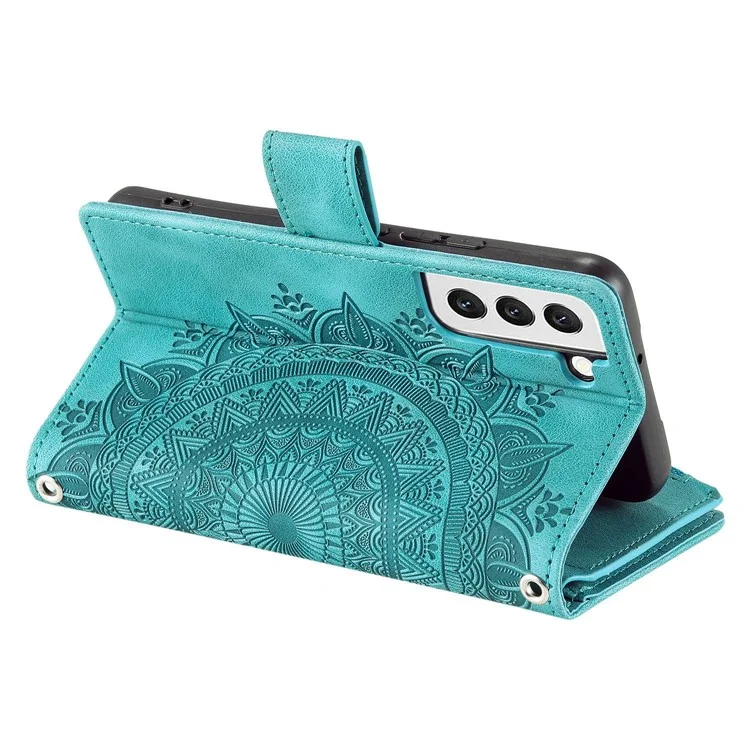 For Samsung Galaxy S22+ 5G Mandala Flower Imprinted Bump Proof PU Leather Phone Cover Stand with Multiple Card Slots Zipper Pocket Wallet Case - Green