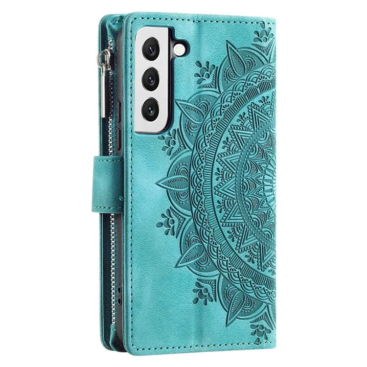 For Samsung Galaxy S22+ 5G Mandala Flower Imprinted Bump Proof PU Leather Phone Cover Stand with Multiple Card Slots Zipper Pocket Wallet Case - Green