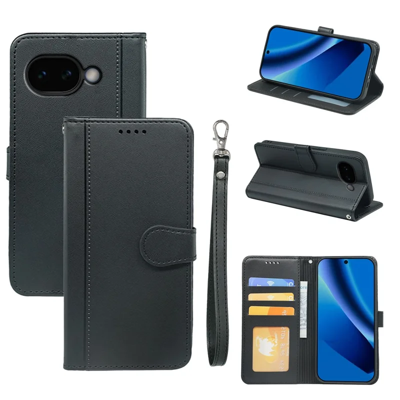 For Google Pixel 10a Wallet Case Magnetic Snap Leather Phone Cover with Strap - Black