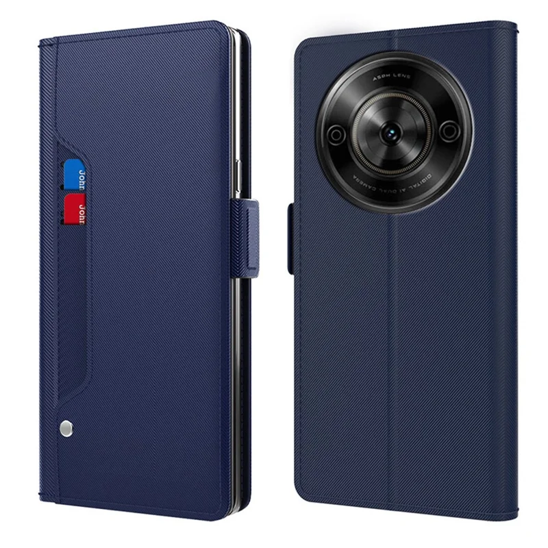 For ZTE Blade V80 5G Case Stand PU Leather Phone Cover Card Holder Mirror - Blue