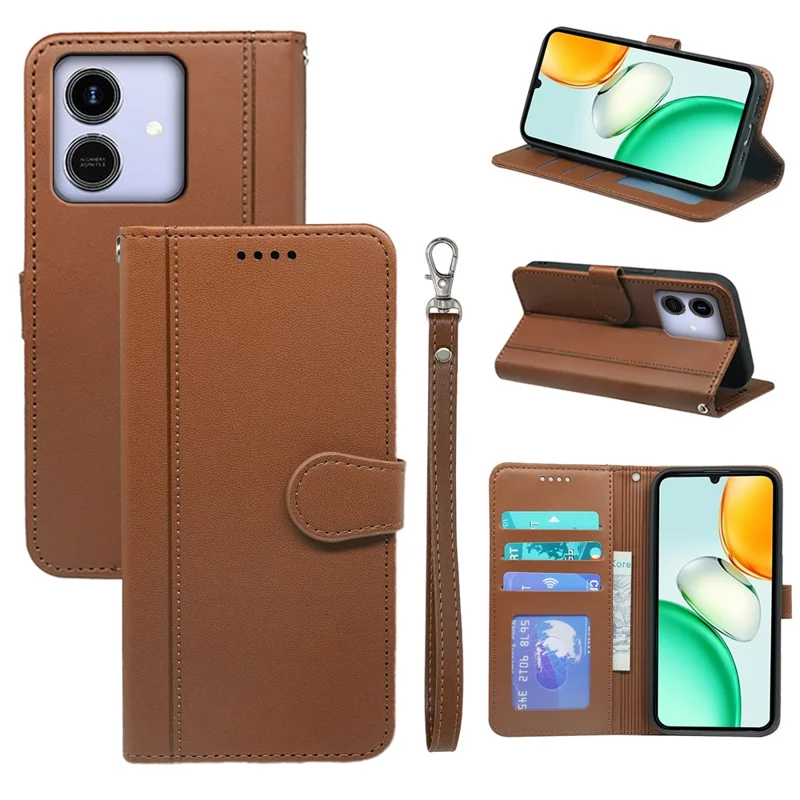 For Honor Play10 4G Wallet Case Magnetic Snap Leather Phone Cover with Strap - Brown