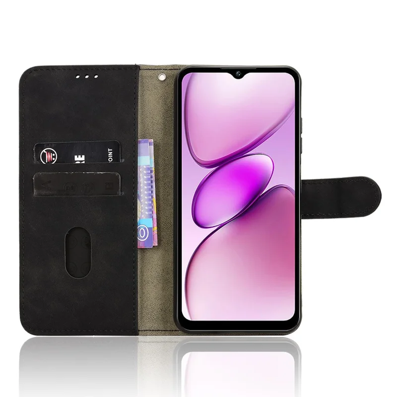 Etui skórzane do Oukitel C5, wrażenie dotyku skóry, antywypadkowe, z portfelem, podstawką, czarny