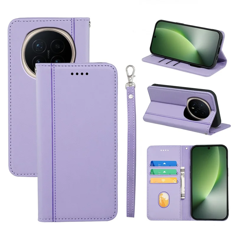 For Honor Magic8 5G Wallet Case Magnetic Closing PU Leather Phone Cover with Wrist Strap - Purple