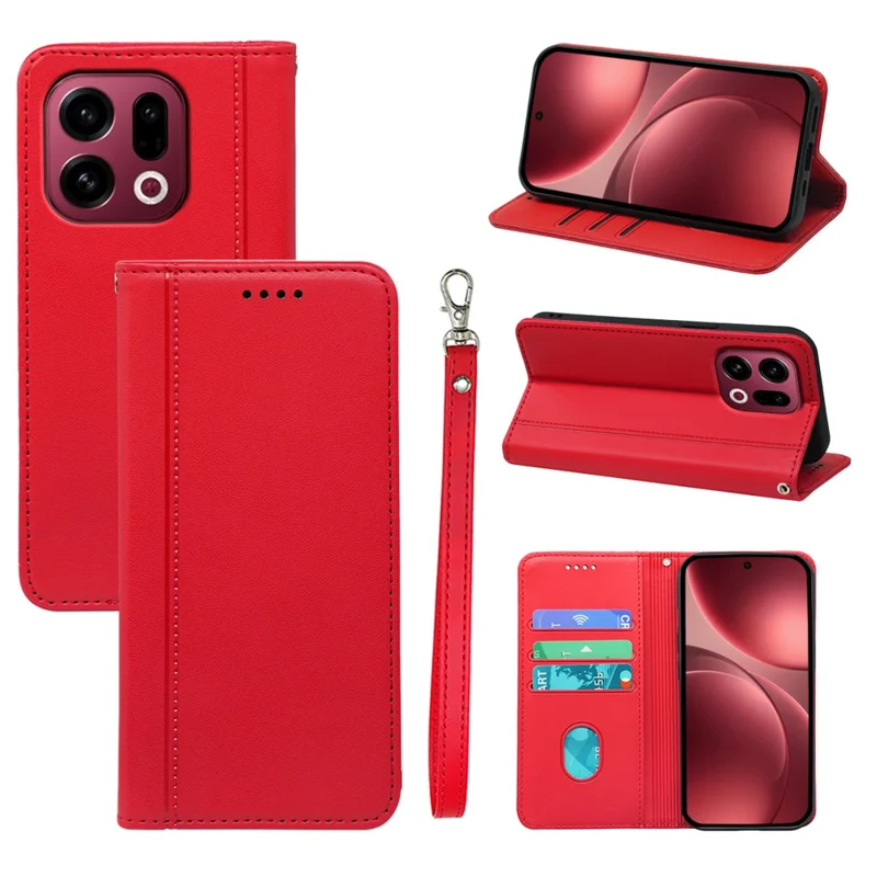 For Oppo Find X9 5G Wallet Case Magnetic Closing PU Leather Phone Cover with Wrist Strap - Red