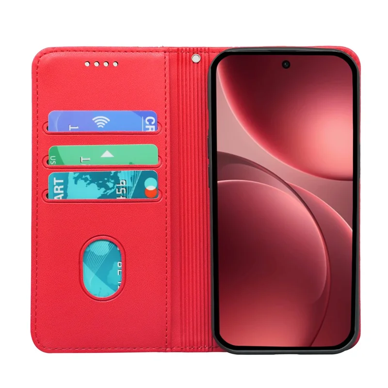 For Oppo Find X9 5G Wallet Case Magnetic Closing PU Leather Phone Cover with Wrist Strap - Red