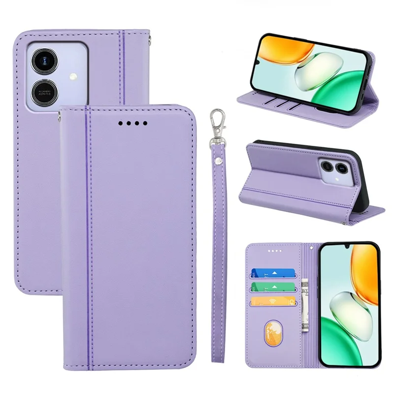 For Honor Play10 4G Wallet Case Magnetic Closing PU Leather Phone Cover with Wrist Strap - Purple
