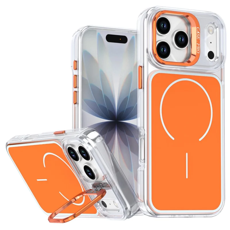For iPhone 17 Pro Magnetic Case Matching Color Lens Kickstand TPU PC Phone Cover Compatible with MagSafe - Orange
