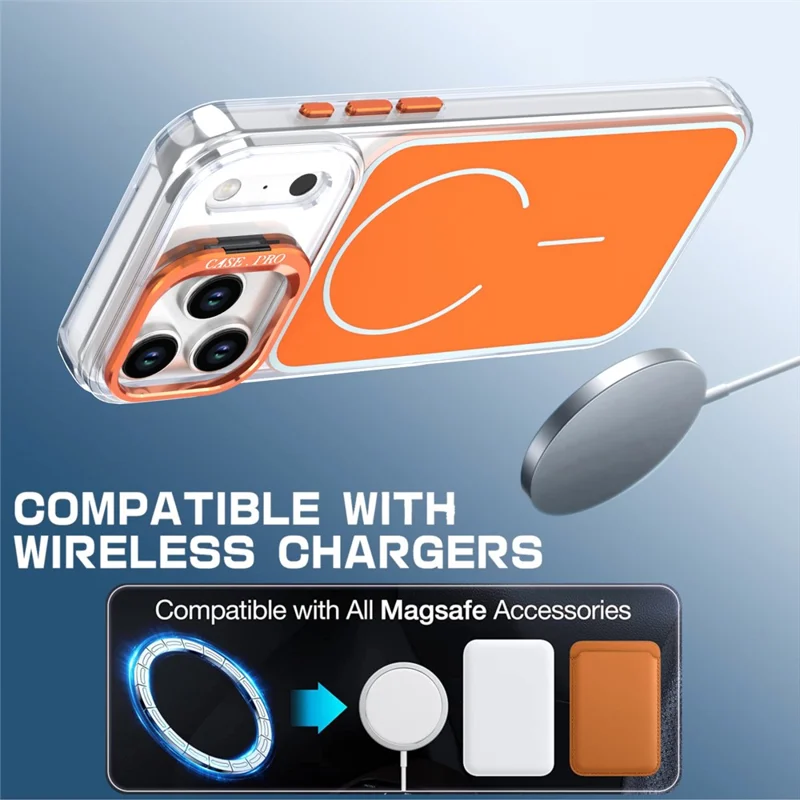 For iPhone 17 Pro Magnetic Case Matching Color Lens Kickstand TPU PC Phone Cover Compatible with MagSafe - Orange