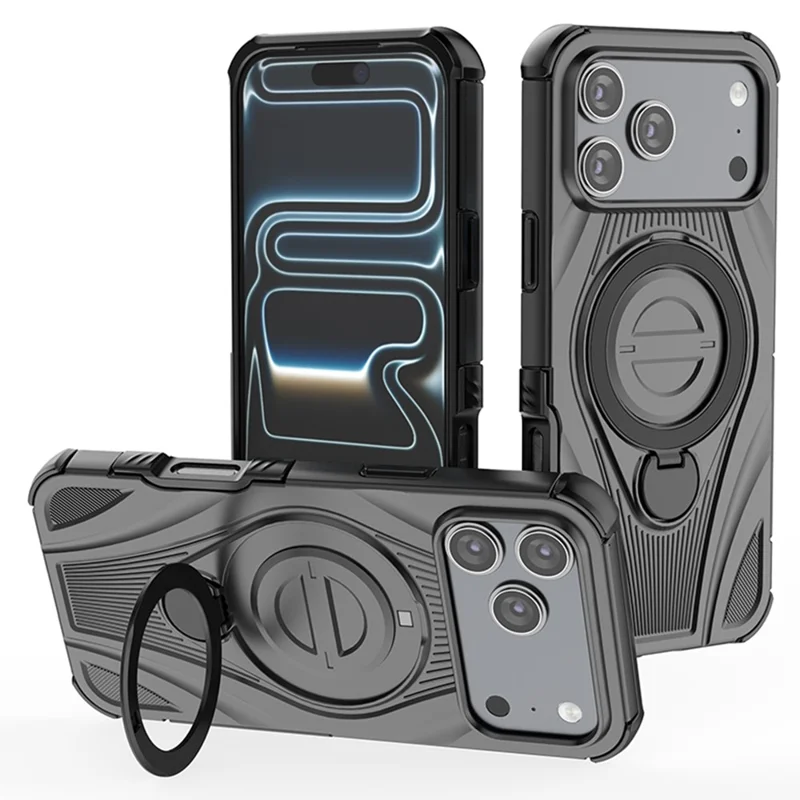 For iPhone 17 Pro Max Magnetic Case Rotating Kickstand TPU PC Shockproof Phone Back Cover  - Black