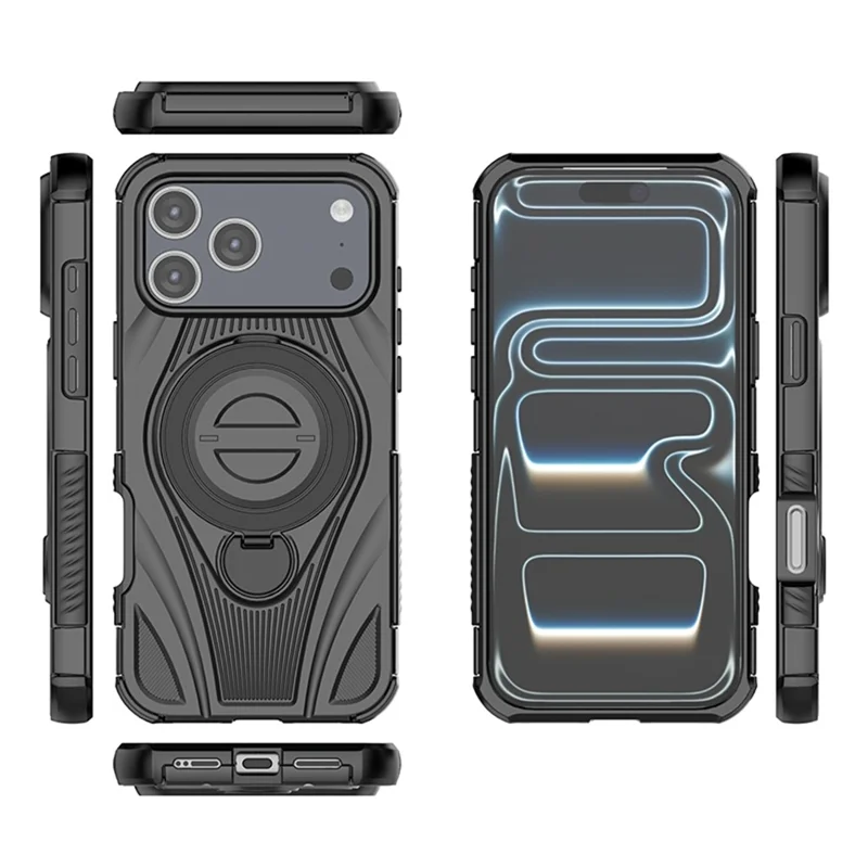 For iPhone 17 Pro Max Magnetic Case Rotating Kickstand TPU PC Shockproof Phone Back Cover  - Black